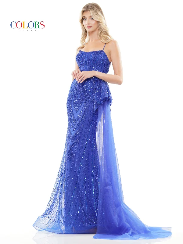 Colors 3121 Long Formal Fitted Beaded Mesh Prom Dress