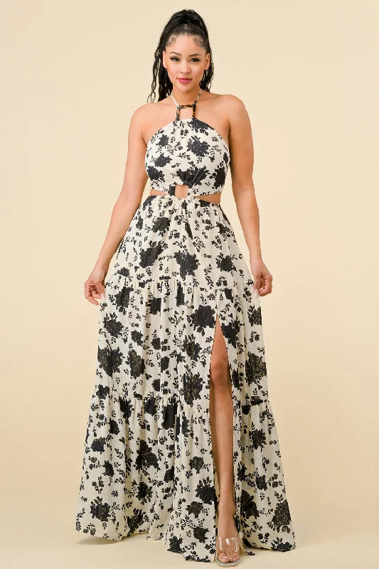 Long Halter Neck Printed Maxi Dress