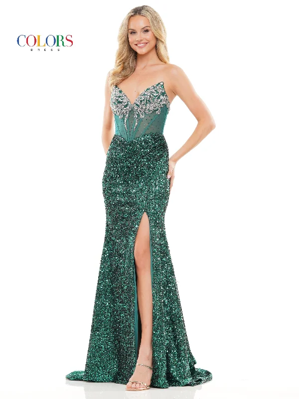 Colors 3274 Long Strapless Fitted Sequin Slit Prom Dress