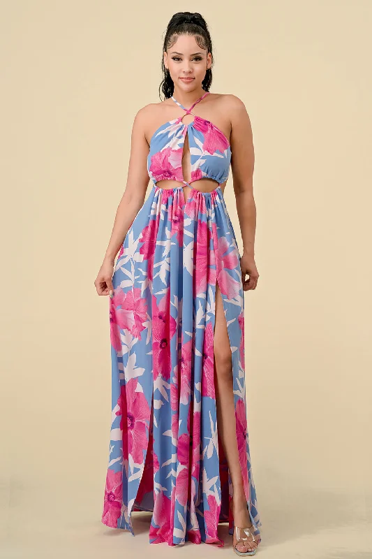 Long Halter Printed Slit Maxi Dress