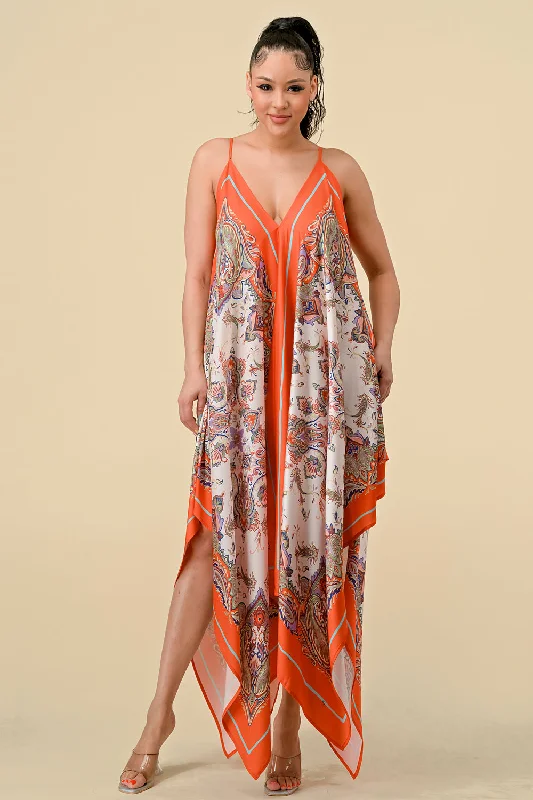 Spaghetti Strap Scarf Boarder Print Dress