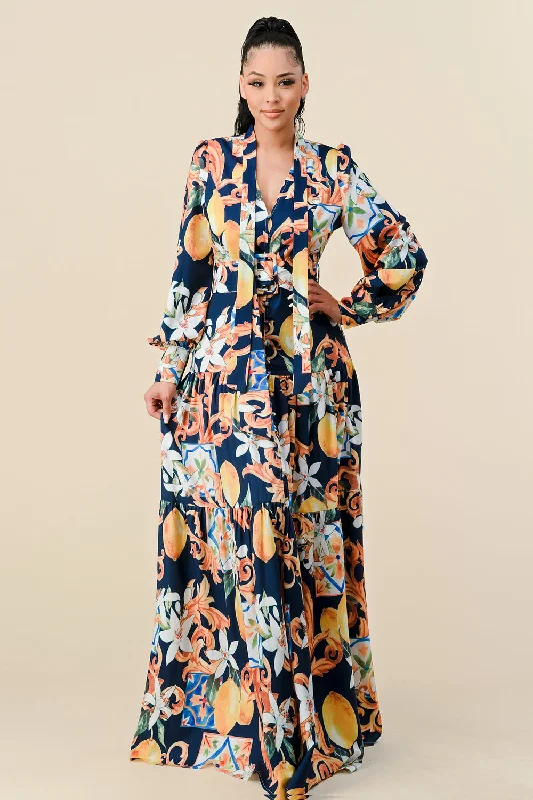 Long Sleeve V Neck Print Maxi Dress