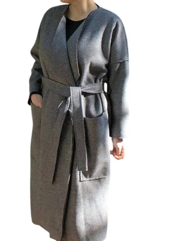 Belted Tie Coat In Herringbone Pattern In Light Grey