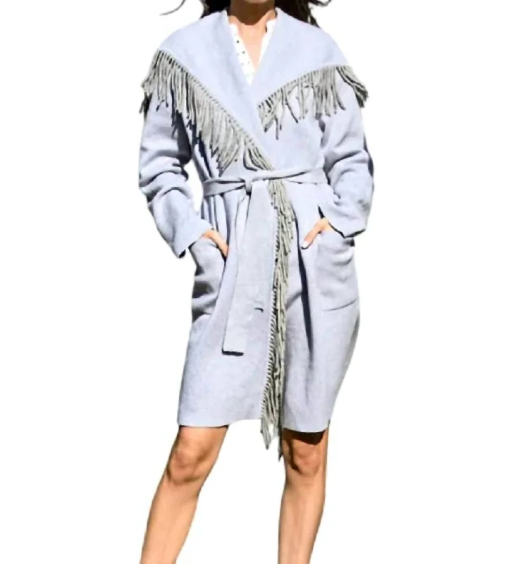 Max Long Jacket With Fringe Collar In Grey