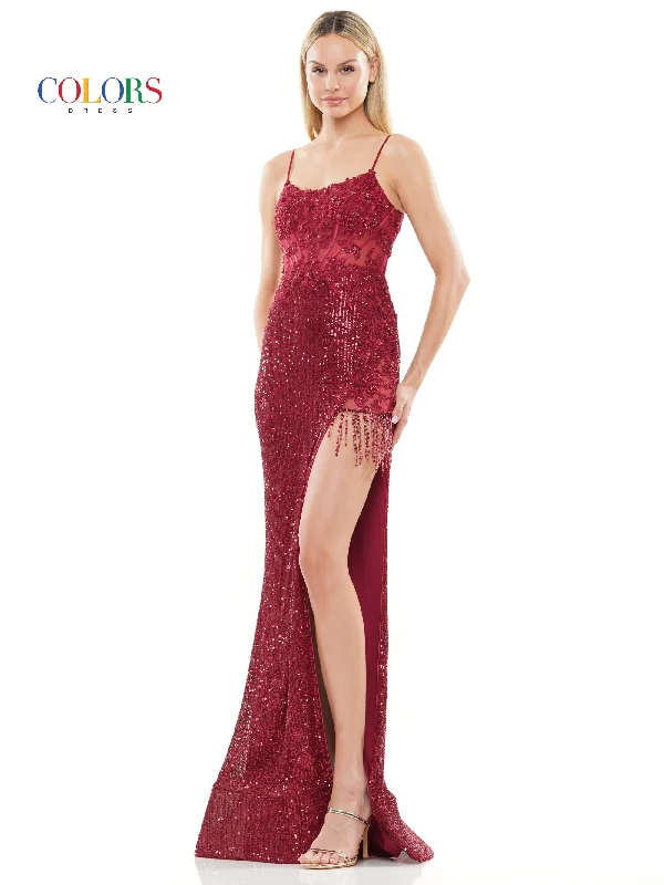 Colors 3106 Long Spaghetti Strap Fitted Prom Dress