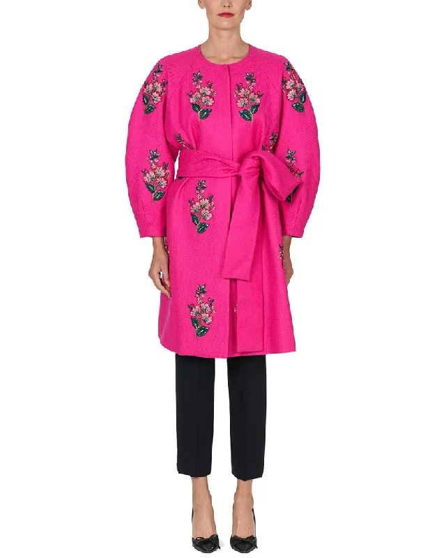 Carolina Herrera Embellished Collarless Silk-Trim Wool A-Line Coat