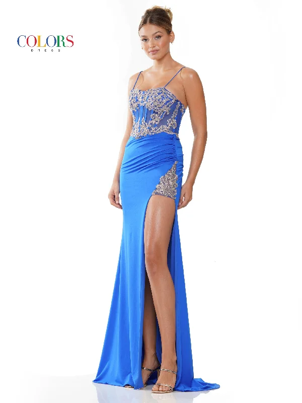 Colors 3316 Long Lace Corset Bodice Slit Satin Prom Dress