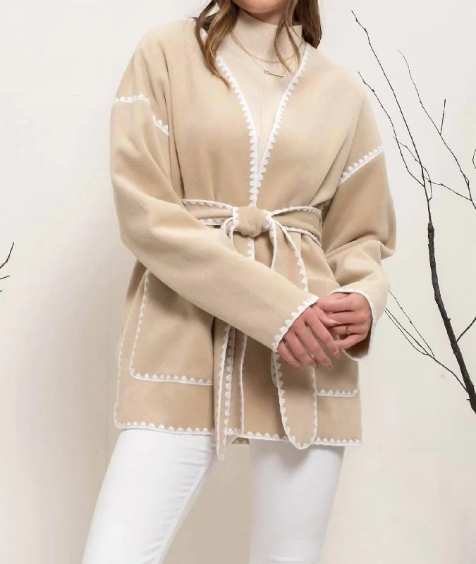 Scallop Whipstitch Belted Cardigan In Beige