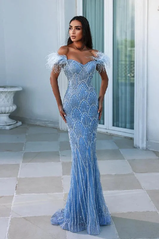 Portia and Scarlett PS23994 Long Off Shoulder Feather Prom Gown