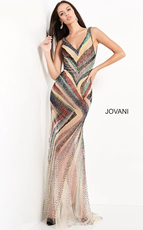 Jovani 05560 Nude Multi Beaded V Neck Prom Dress