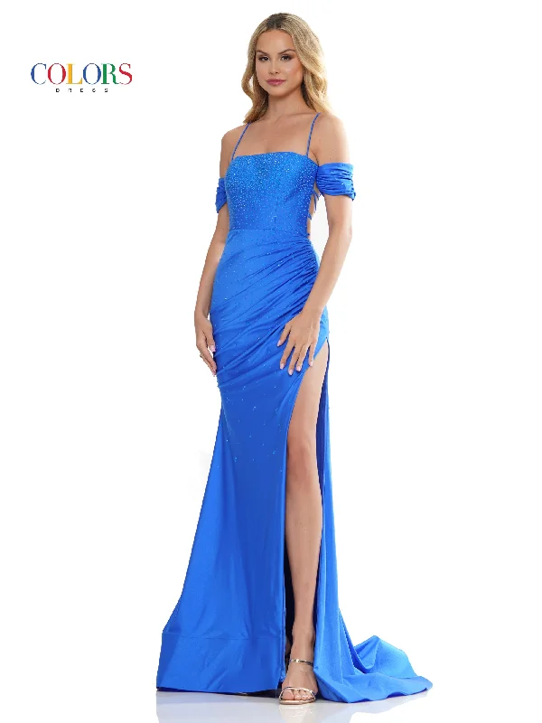 Colors 3158 Long Off Shoulder Formal Fitted Satin Prom Dress