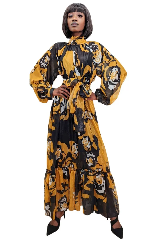 Long Sleeve Printed Wrap Belt High Neck Dress