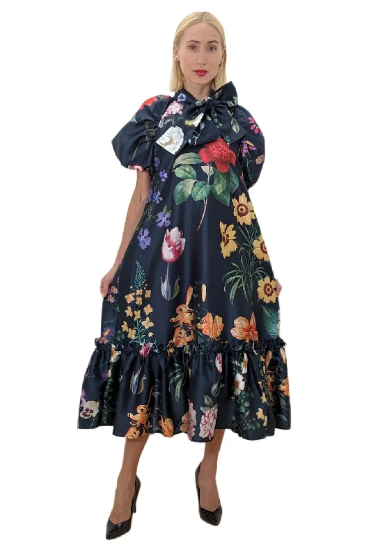 Puff Sleeve Floral Print Midi Dress