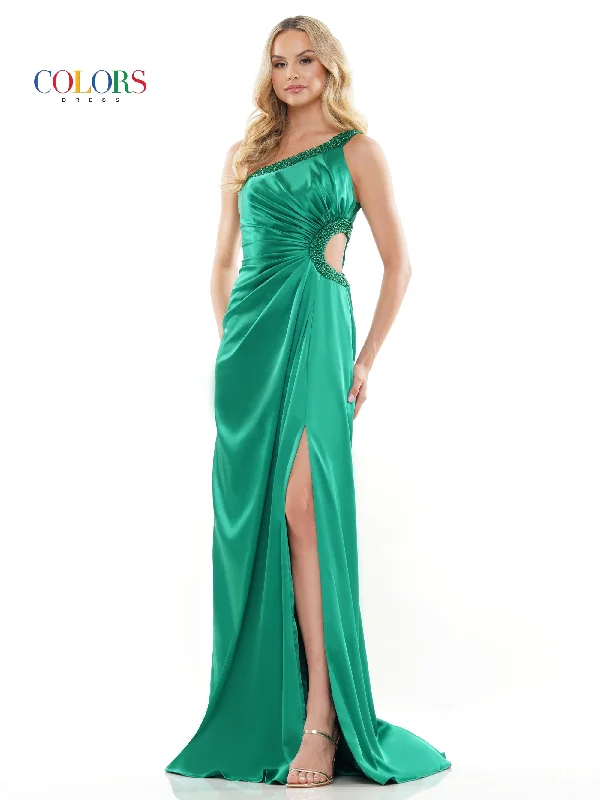 Colors 3222 Long One Shoulder Fitted Satin Prom Dress