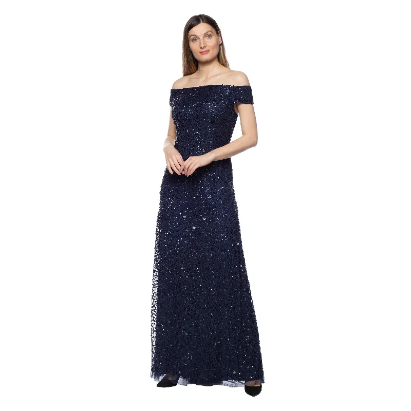 Marina Long Off Shoulder Formal Beaded Dress