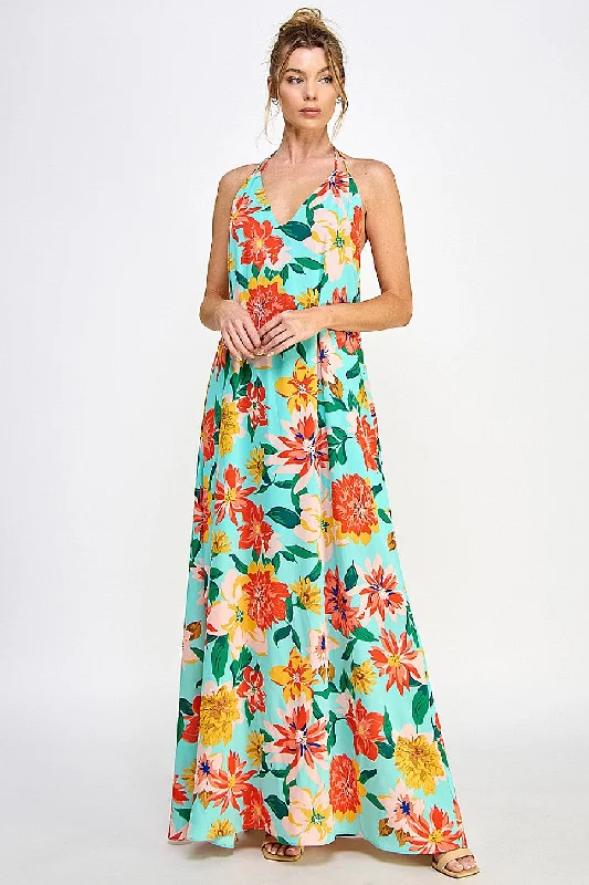 Long Halter Neck Open Back Floral Dress