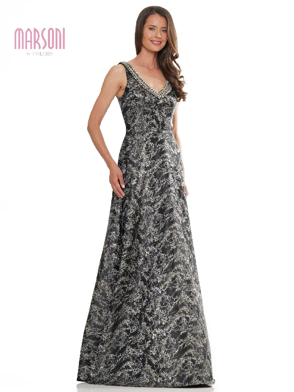 Marsoni MV1267 Long Sleeveless V Neck Jacquard Formal Dress