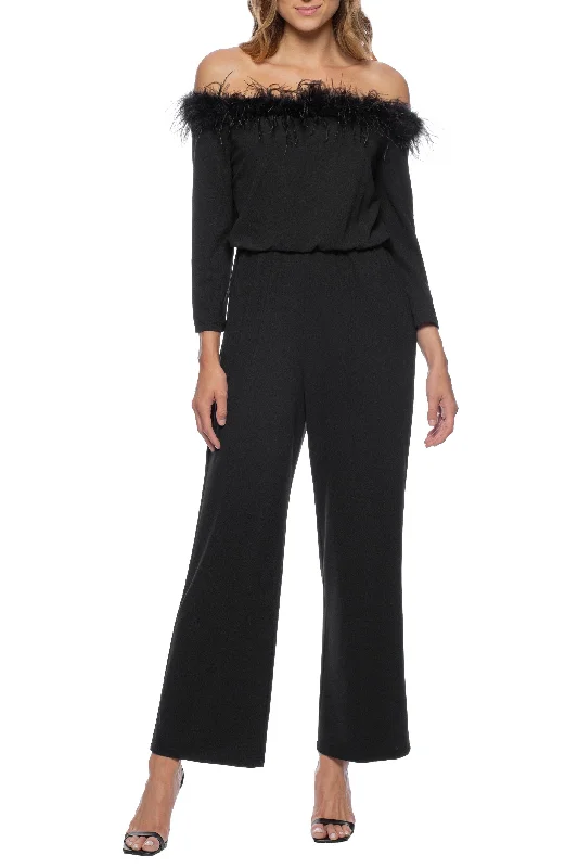 Marina  Feather Detail Off Shoulder Crepe Jumpsuit