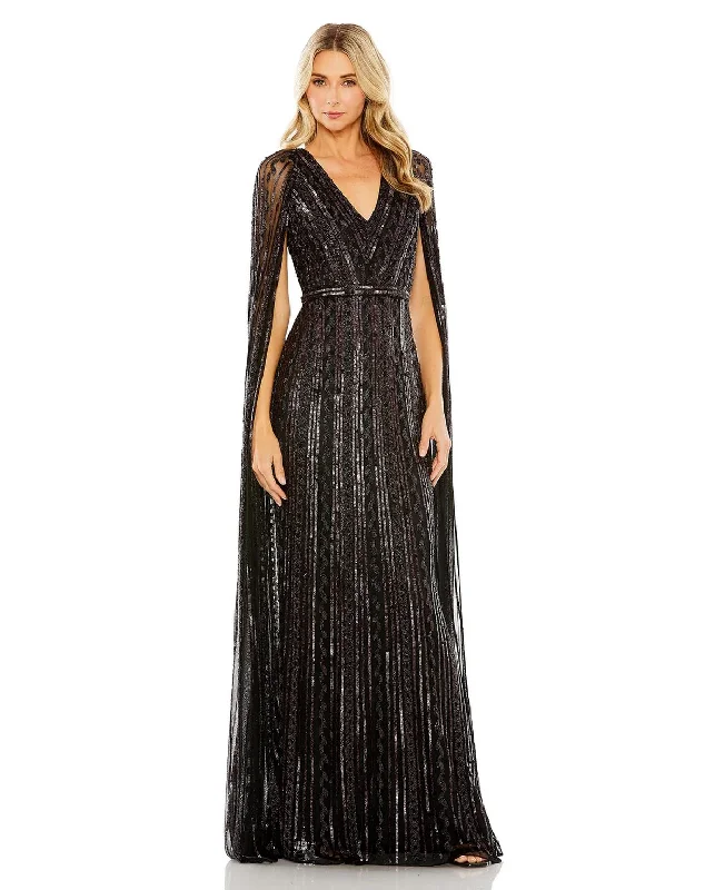 Mac Duggal 5915 Long Sequined V Neck Cape Sleeve Dress